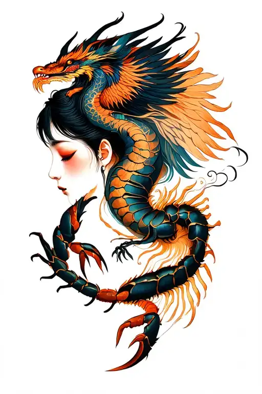 silouette of a woman’s face serene yet powerful, A scorpion is shaping her chest pheonix and dragon tattoo design idea