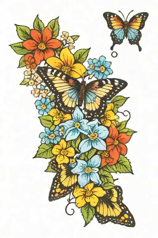 forget me not flowers with rainbow and butterflies tattoo design idea
