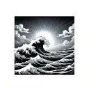 Waves, sky with clouds, sun rays tattoo design idea
