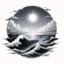 Waves, sky with clouds, sun rays tattoo design idea