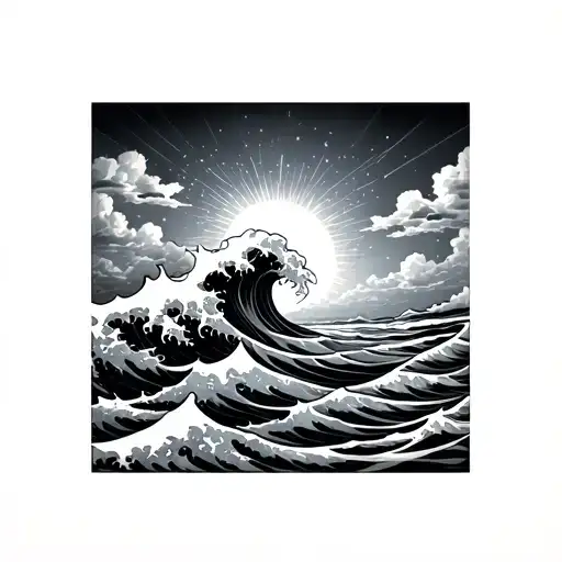 Waves, sky with clouds, sun rays tattoo design idea
