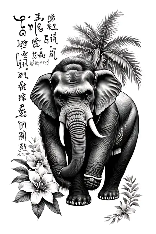 Black ink Thailane Tete Elephant, Gorilla, Palmiers, Thai Flowers, Writing Thai tattoo design idea