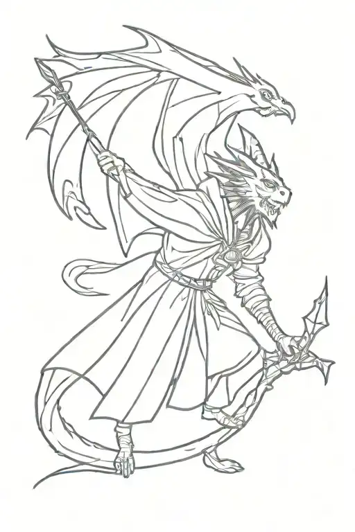 Dragon and wizard casting spells tattoo design idea