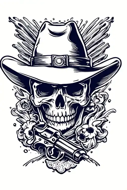 cowboy skull looking down the barrel of smoking revolver  tattoo design idea