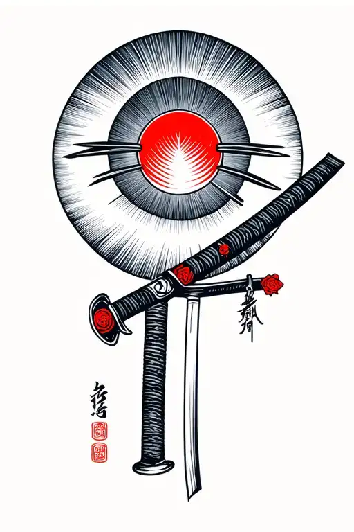 katana, Japanese sun, Shinto shrine in a wood block print style tattoo design idea