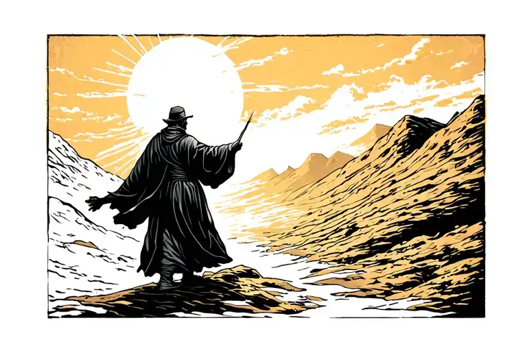 lone traveler in flowing black robes trying to reach a light in the distance that while the shadows behind him hold him tattoo design idea