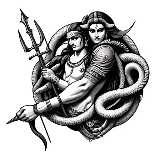 arm band tattoo with shiva's trident vishnu's sudarsan chakra and ram's bow and arrow aiming also snakes encircling arm tattoo design idea