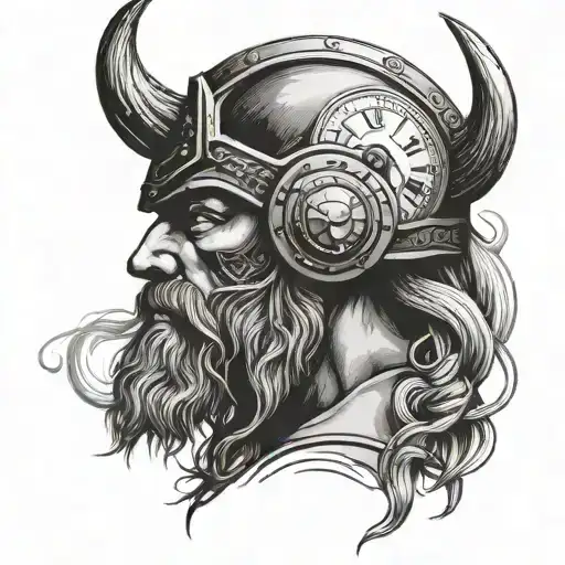 Viking head with clock above it tattoo design idea