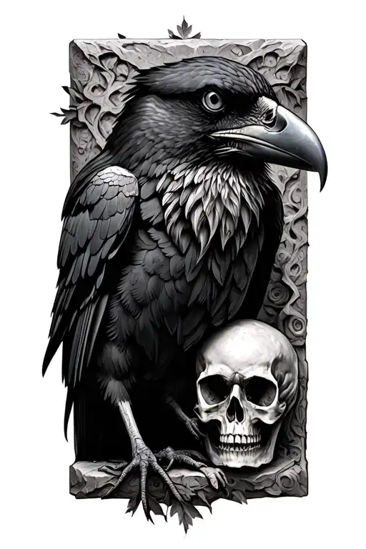 Raven with Memento Mori carved in stone tattoo design idea