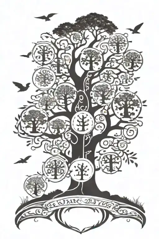 Family Tree with 6 name spots and Crosses at the bottom with clouds in the back tattoo design idea