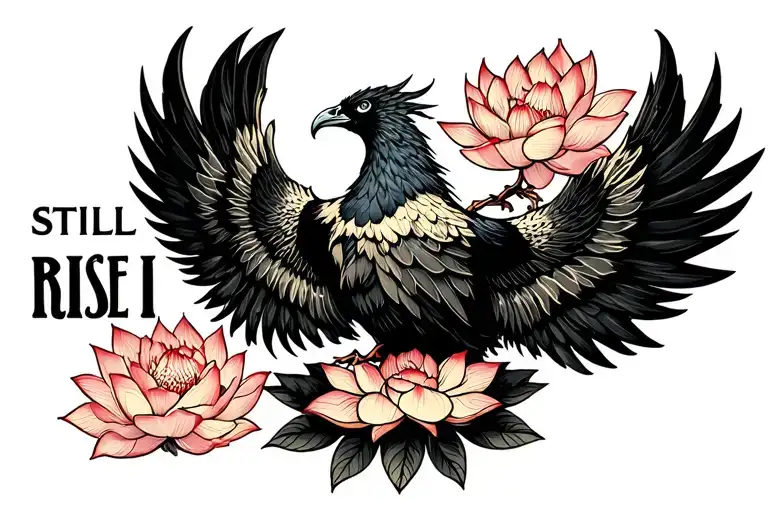 "STILL I RISE" a phoenix rising with lotus flower surrounded tattoo design idea