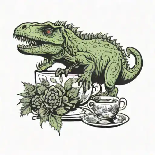 Tyrannosaurus rex holding a china tea cup with thistles on it.  tattoo design idea