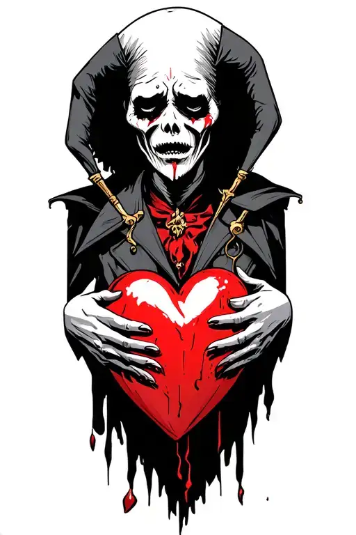 a half jester/ grim reaper holding a broken heart while crying tattoo design idea