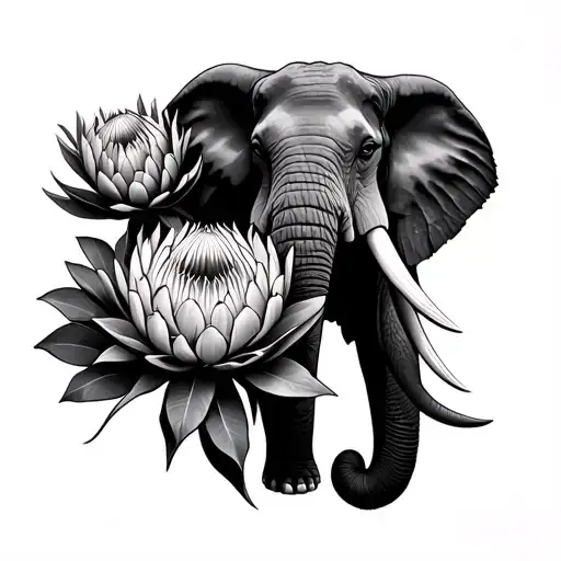 several queen protea flowers and African elephant profile tattoo design idea