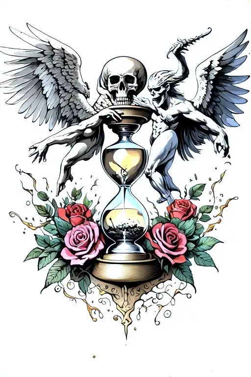 Angel vs demon fighting around a broken hourglass with a skull and roses inside tattoo design idea