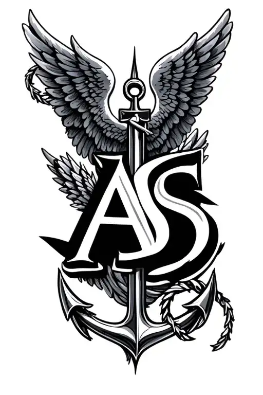 "AS" Anchor angel wings tattoo design idea