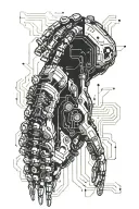 A futuristic cybernetic arm integrated with computer circuitry and binary code, symbolizing the client's love for computers tattoo design idea