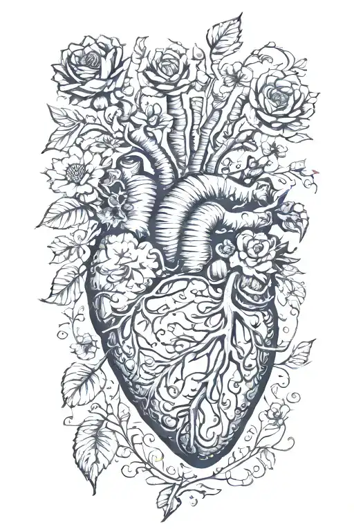 May, August, October, November, February birth flowers growing from tree branches and small anatomical heart tattoo design idea