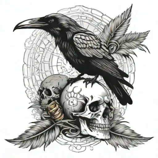 A raven perched on a skull with intricate line work, and viking rune patterns woven into the feathers and skull. tattoo design idea