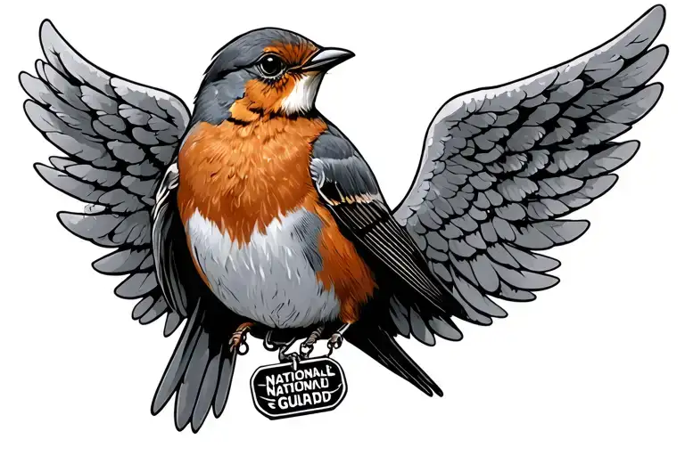 robin bird sitting on angel wing wearing national guard dog tag on neck tattoo design idea