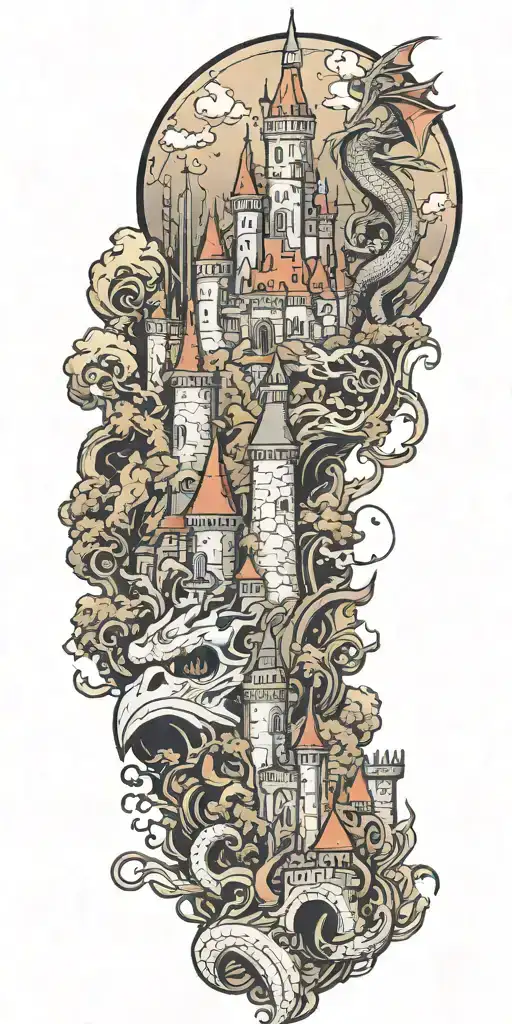 A fantasy scene with a castle, a dragon, a knight helmet and a wizard tattoo design idea