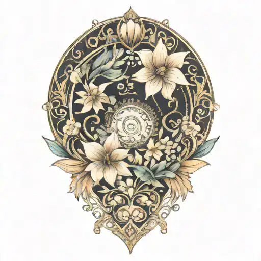 crescent moon, floral, symmetrical, art deco tattoo design idea