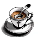 espresso cup, saucer, and spoon with cross on the front face tattoo design idea