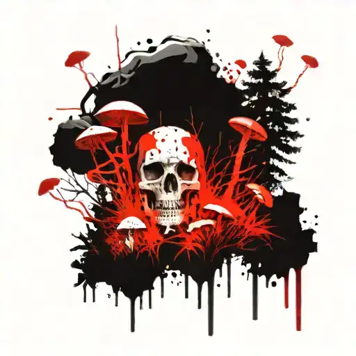 mushrooms and skulls, abstract, forest scene tattoo design idea