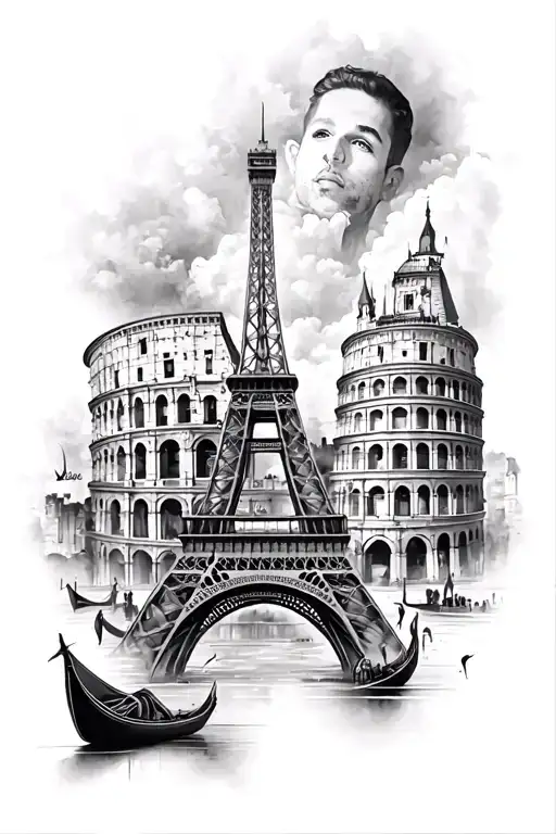 full Leg sleeve tattoo with eiffel tower, colosseum, gondola, Disney castle and hollywood realistic style, focus on shad tattoo design idea