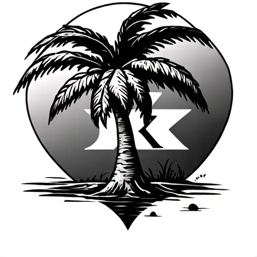 palm tree with heart and K  tattoo design idea
