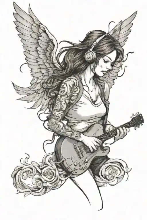 Brown hair girl crying listen music,guitar, treble clef and wings tattoo design idea