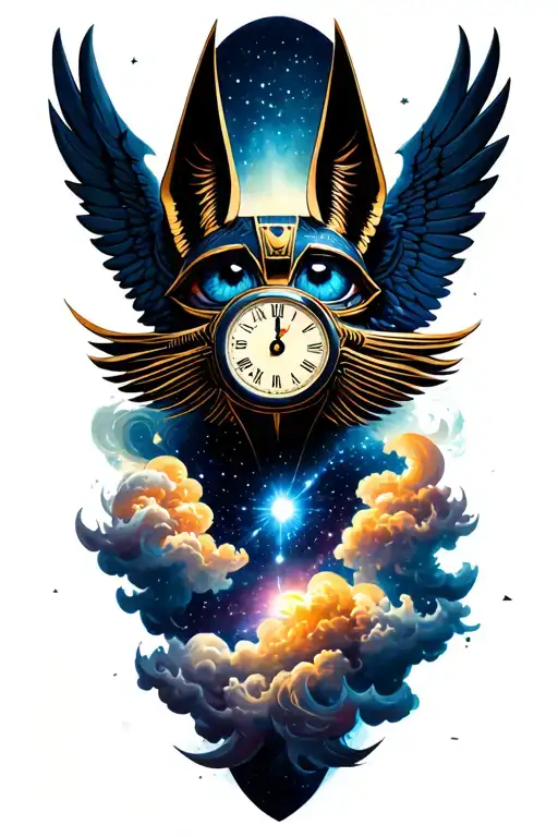 Space With Cosmic Dust Clouds, Anubis with clock in galexy And All Seeing Eye with wings Tattoo tattoo design idea