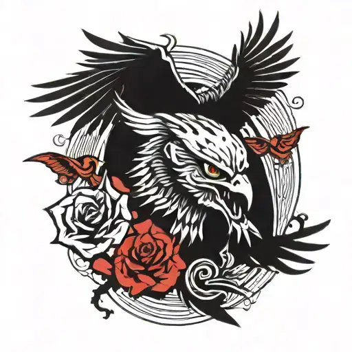blood eagle flies with spread wings with roses and samurai mask tattoo design idea