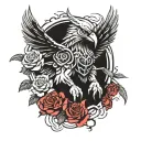 blood eagle flies with spread wings with roses and samurai mask tattoo design idea