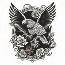 blood eagle flies with spread wings with roses and samurai mask tattoo design idea