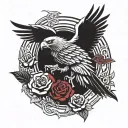 blood eagle flies with spread wings with roses and samurai mask tattoo design idea