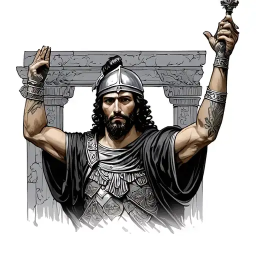 roman soldier in front of the empty tomb with hands raised. tattoo design idea