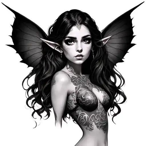 sexy girl, elf, dark, big boobs, full body tattoo design idea