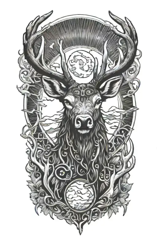 thick stag head with large antlers, moon surrounded tattoo design idea