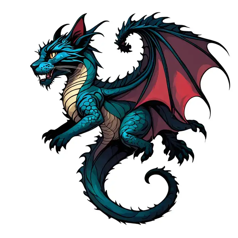 floating cat dragon tattoo design idea