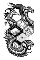 hexagon bee hive pattern with safari fauna intertwined and added elements of lions, pangolins, elephant and giraffe tattoo design idea