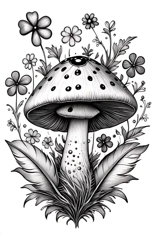 mushroom, ladybug, four leaf clover, seven pointed star, flowers, feather, mandala tattoo design idea
