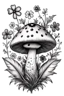mushroom, ladybug, four leaf clover, seven pointed star, flowers, feather, mandala tattoo design idea