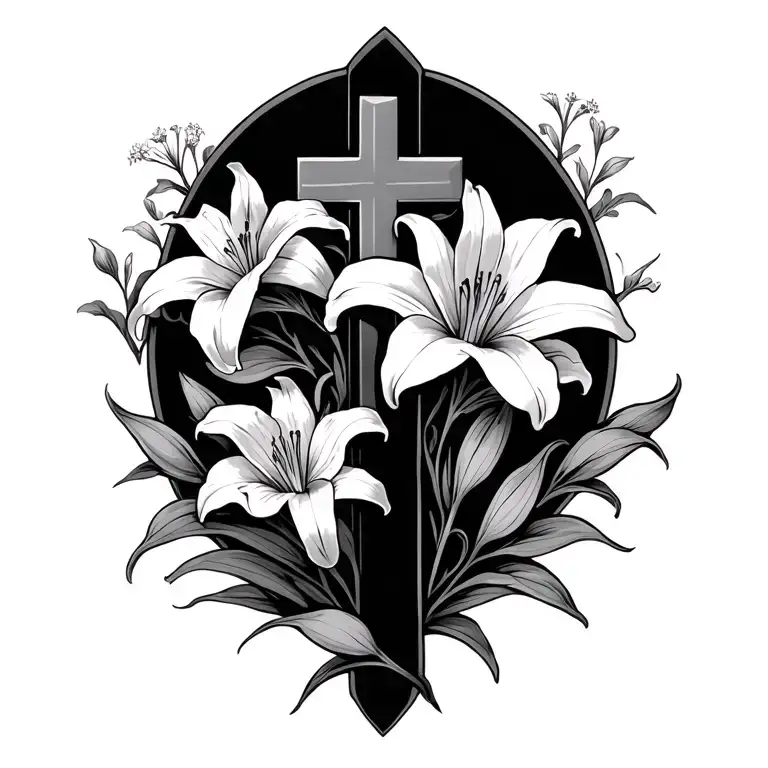cross with three lilies and other small flowers flowing around it tattoo design idea
