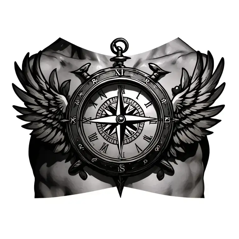 a torso with a tattoo of a maritime compass inside a clock with small wings bordered with olive branches, horoscope sign tattoo design idea