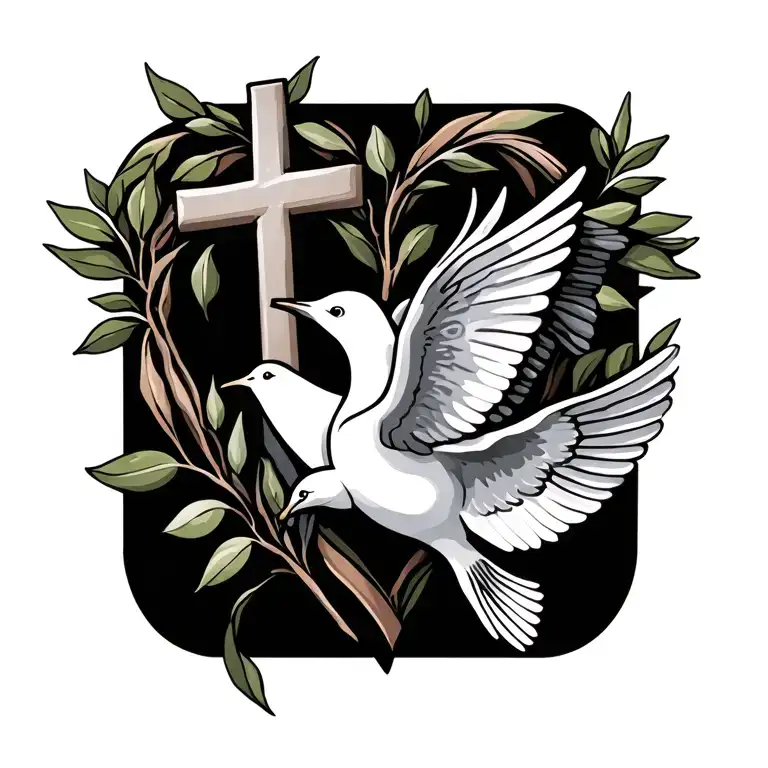 heart cross Christian fish and dove carrying olive branch tattoo design idea