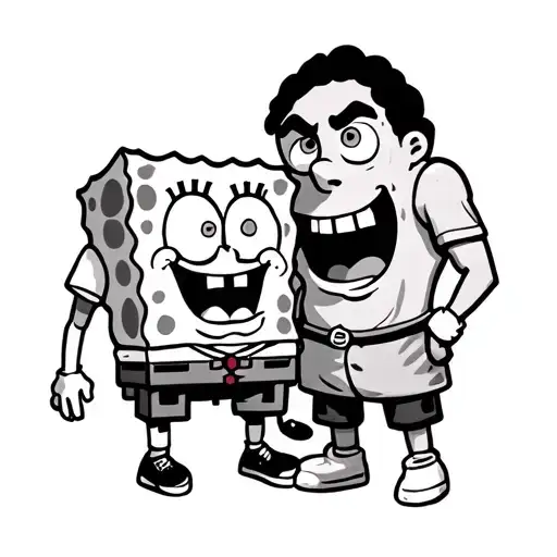 Create an image for a simple tattoo outline for two friends that has Chester Cheeto and SpongeBob showing the mischievo tattoo design idea