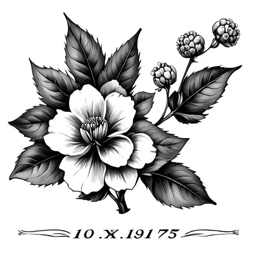 Roman numeral 10.05.1975 with hawthorn flower tattoo design idea