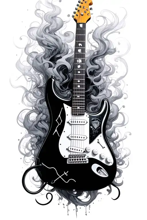 stratocaster guitar, ps5 controller, fishing hook, heart beat, smoke tattoo design idea