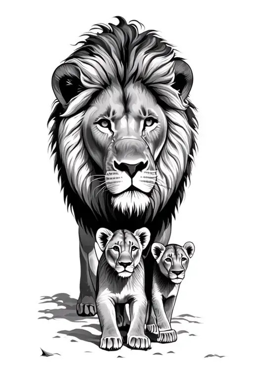 male lion leading 2 cubs into the sunset scene tattoo design idea